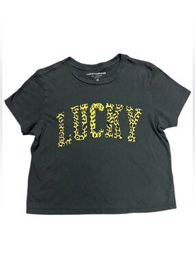 Lucky Brand XS Charcoal Grey Cropped Tee with Leopard Print “LUCKY”